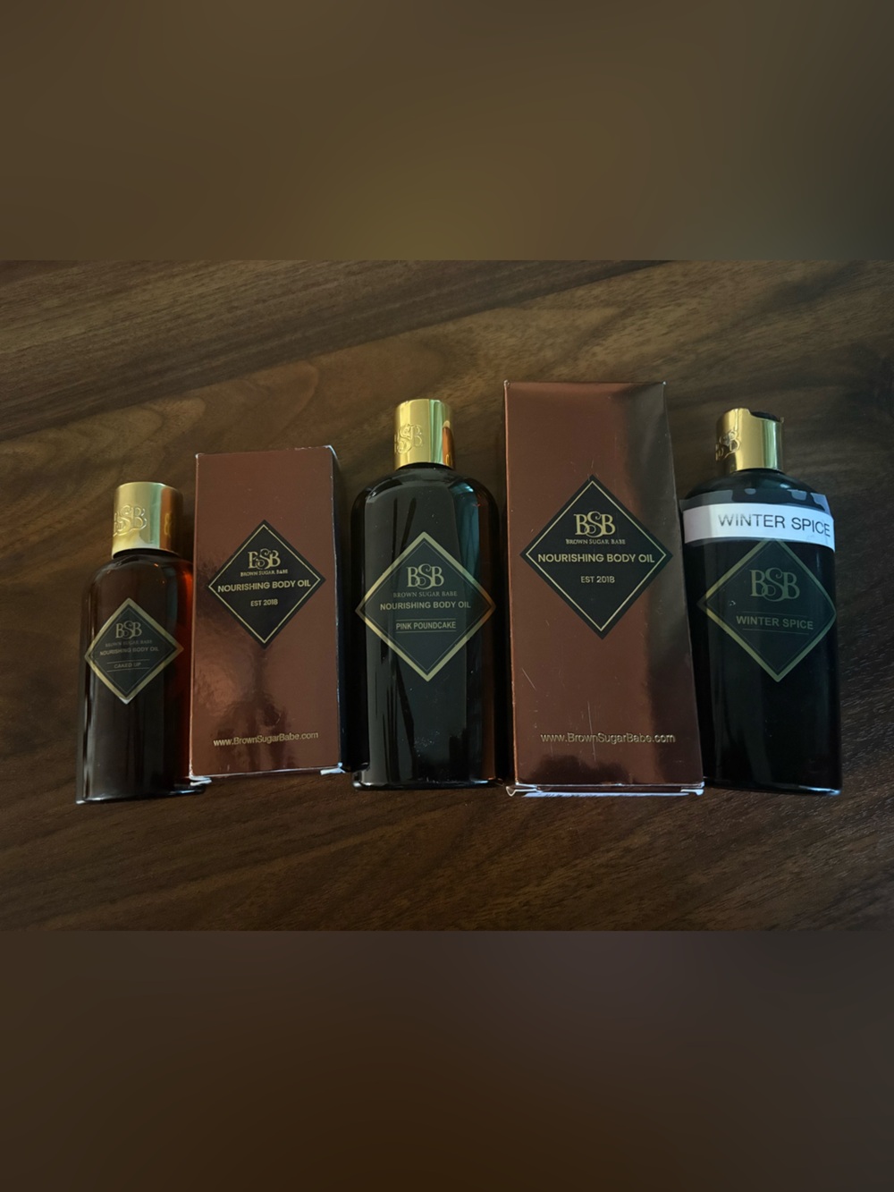 Brown Sugar Babe Body Oil Caked Up 2oz, Winter Spice 4oz, Pink Poundcake 4oz